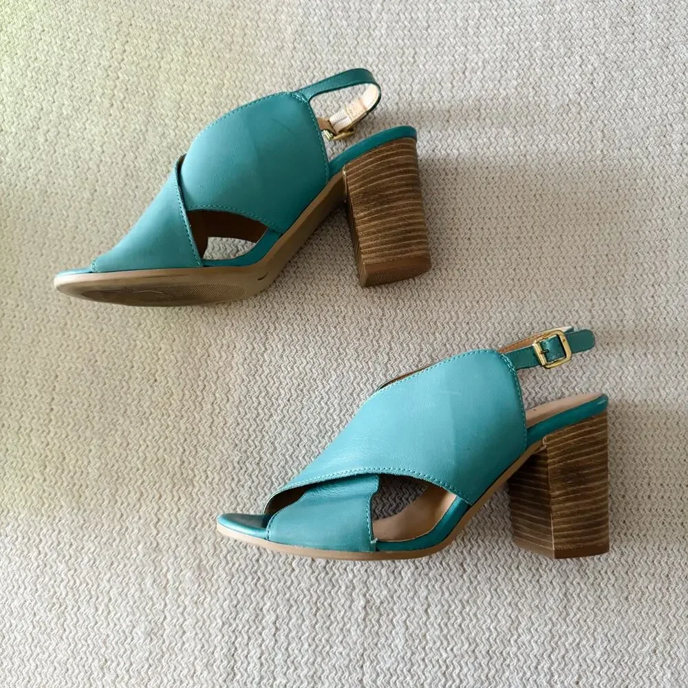 Seychelles Blue Criss Cross Strap Stack Heel Sandal